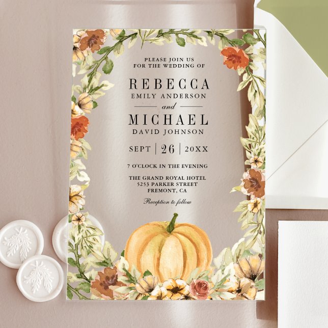 Earthy Floral Pumpkin Terracotta Wedding Acrylic Invitations (Creator Uploaded)