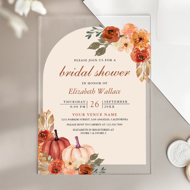 Earthy Floral Terracotta Pumpkin Bridal Shower Acrylic Invitations (Creator Uploaded)