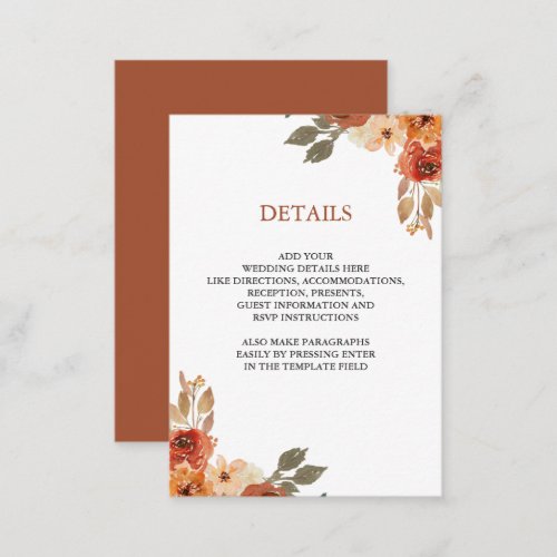 Earthy Floral Terracotta Wedding Details Enclosure Card