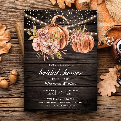 Earthy Floral Wood Boho Pumpkin Bridal Shower Invitation