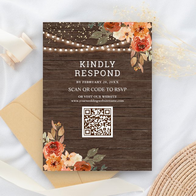 Earthy Floral Wood Terracotta QR Code RSVP Wedding Enclosure Card (Creator Uploaded)