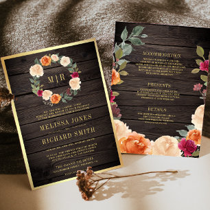 Earthy Floral Wreath All in One Barn Wood Wedding Invitation