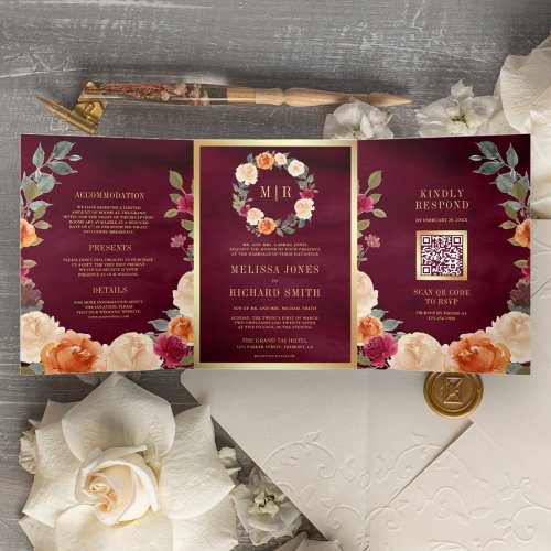 Earthy Floral Wreath QR Code Burgundy Wedding Tri_Fold Invitation