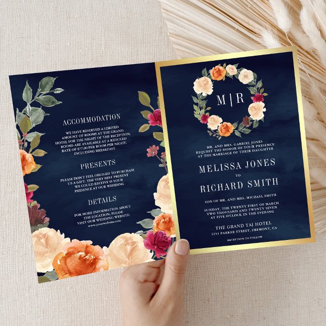 Earthy Floral Wreath QR Code Navy Blue Wedding Invitation (Creator Uploaded)
