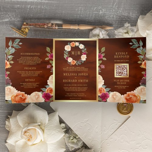 Earthy Floral Wreath QR Code Terracotta Wedding Tri_Fold Invitation