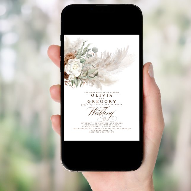 Earthy Flowers and Pampas Grass Bohemian Wedding Invitation (Front Digital)