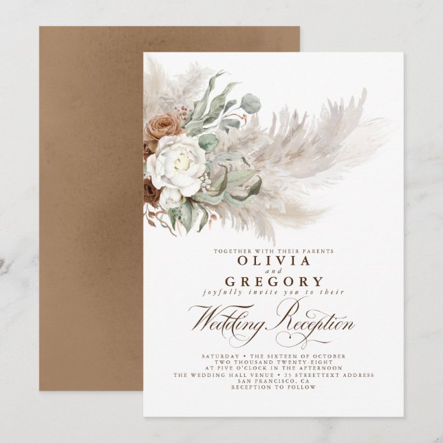 Earthy Flowers and Pampas Grass Wedding Reception Invitation (Front/Back)