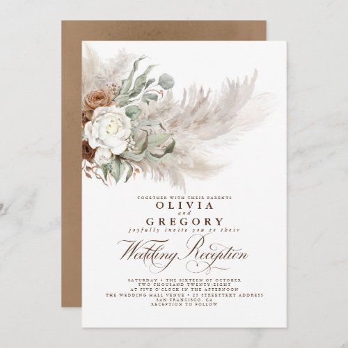 Earthy Flowers and Pampas Grass Wedding Reception Invitation