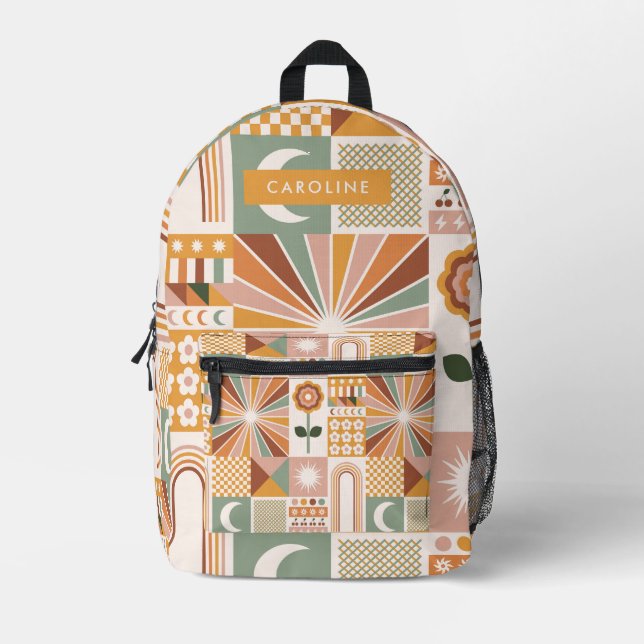 Earthy Geometric 70s Retro Personalized Name Printed Backpack (Front)