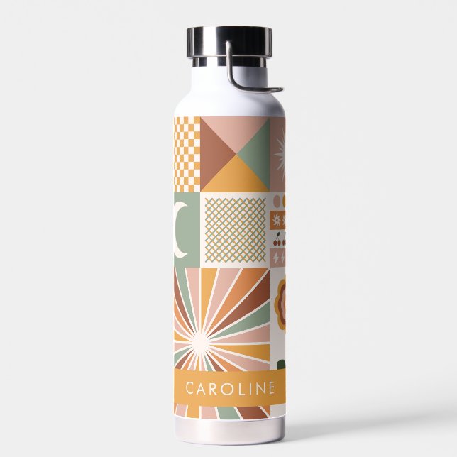 Earthy Geometric 70s Retro Personalized Name Water Bottle (Left)
