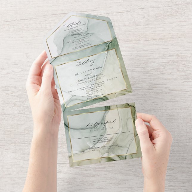 Earthy Gold and Green Abstract Ink All In One Invitation (Tearaway)