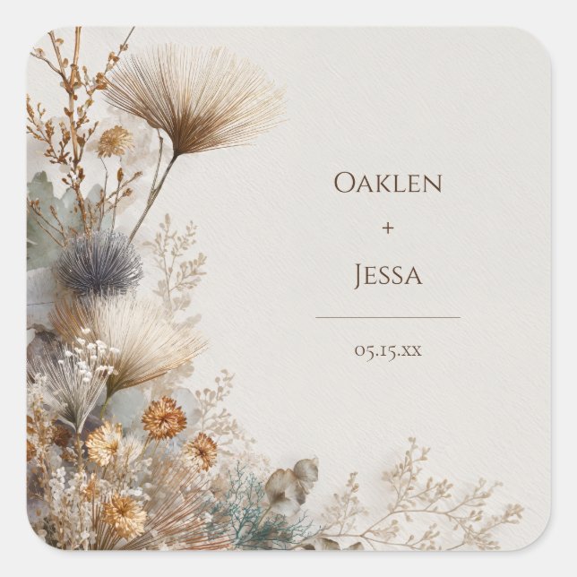 Earthy Gold Dried Botanical Fan Flower Wedding Square Sticker (Front)