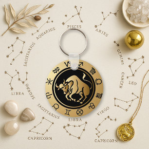 Earthy Gold Embossed Taurus Zodiac Wheel Keychain
