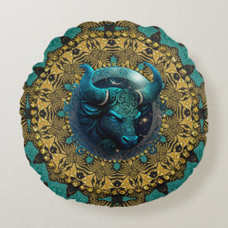 Earthy Gold Teal Tribal Taurus Zodiac Round Pillow