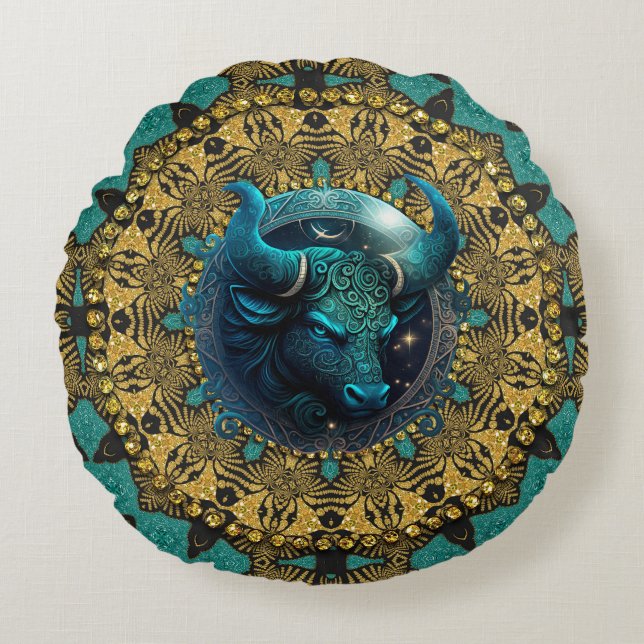 Earthy Gold Teal Tribal Taurus Zodiac Round Pillow (Front)