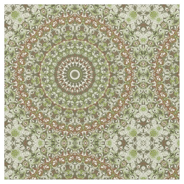 Earthy Green and Brown Mandala Pattern Design Fabric (Close Up)