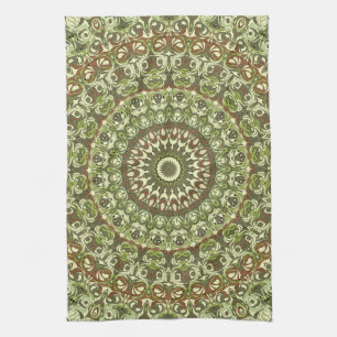 Earthy Green and Brown Mandala Pattern Design Kitchen Towel