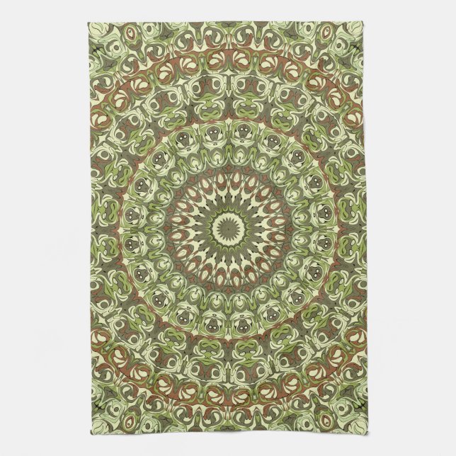 Earthy Green and Brown Mandala Pattern Design Kitchen Towel (Vertical)