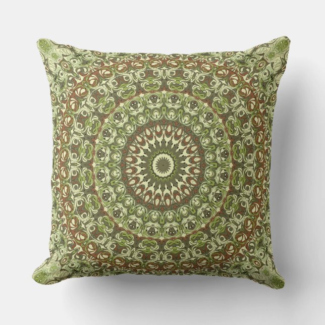 Earthy Green and Brown Mandala Pattern Design Throw Pillow (Front)