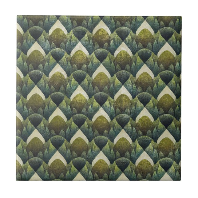 Earthy Green Art Deco Fan Pattern (5) Ceramic Tile (Front)