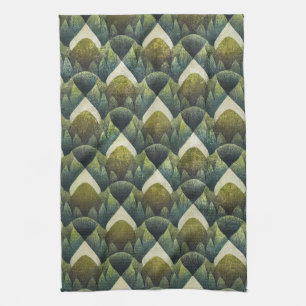 Earthy Green Art Deco Fan Pattern (5) Kitchen Towel