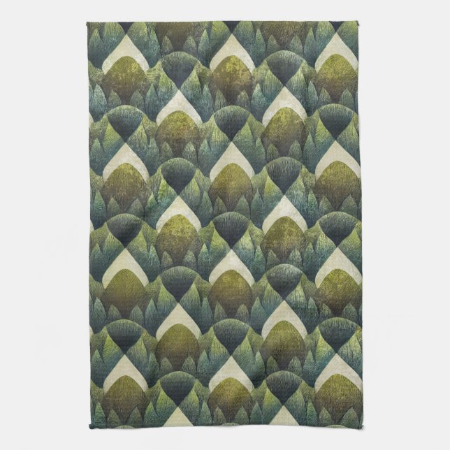Earthy Green Art Deco Fan Pattern (5) Kitchen Towel (Vertical)