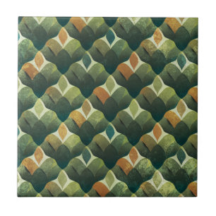 Earthy Green Art Deco Fan Pattern Ceramic Tile