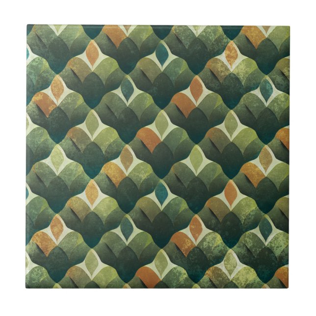 Earthy Green Art Deco Fan Pattern Ceramic Tile (Front)