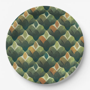 Earthy Green Art Deco Fan Pattern Paper Plates