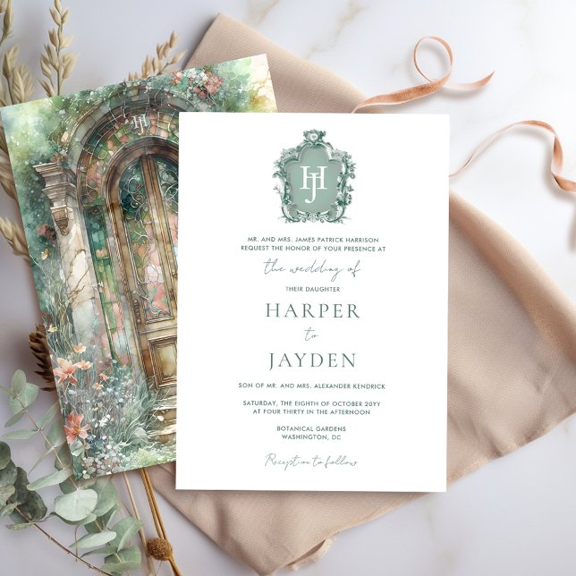 Earthy Green Blush Watercolor Monogram Wedding Invitation (Creator Uploaded)