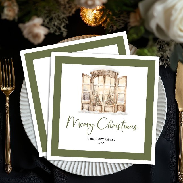 Earthy Green Christmas Door Personalized Napkins (Earthy Green Christmas Door Personalized Napkins)