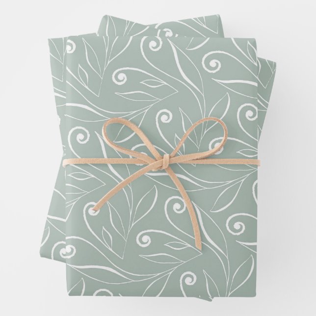 Earthy Green Floral Swirls  Wrapping Paper Sheets (In situ)