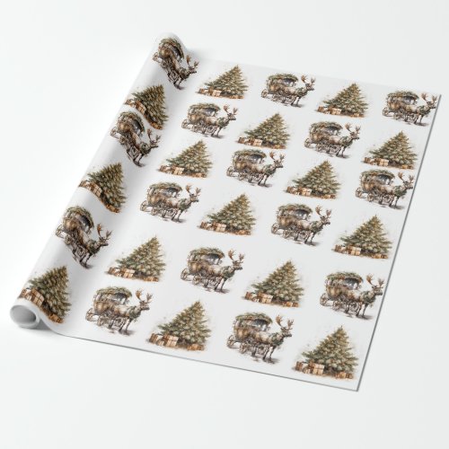 Earthy green gold Christmas Reindeer carriage tree Wrapping Paper