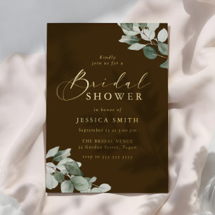 Earthy Green Leaves Rustic Gold Bridal Shower Foil Invitation