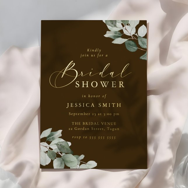 Earthy Green Leaves Rustic Gold Bridal Shower Foil Invitation (Creator Uploaded)