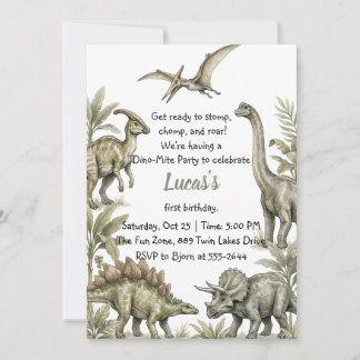 Earthy Green Watercolor Jurassic Dinosaur Birthday Invitation