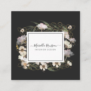 Earthy Greenery Floral Gold Glitter Black Square Business Card