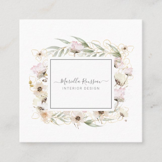 Earthy Greenery Floral Gold Glitter Business Card (Front)