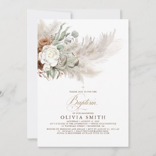 Earthy Greenery Floral Pampas Grass Boho Baptism Invitation