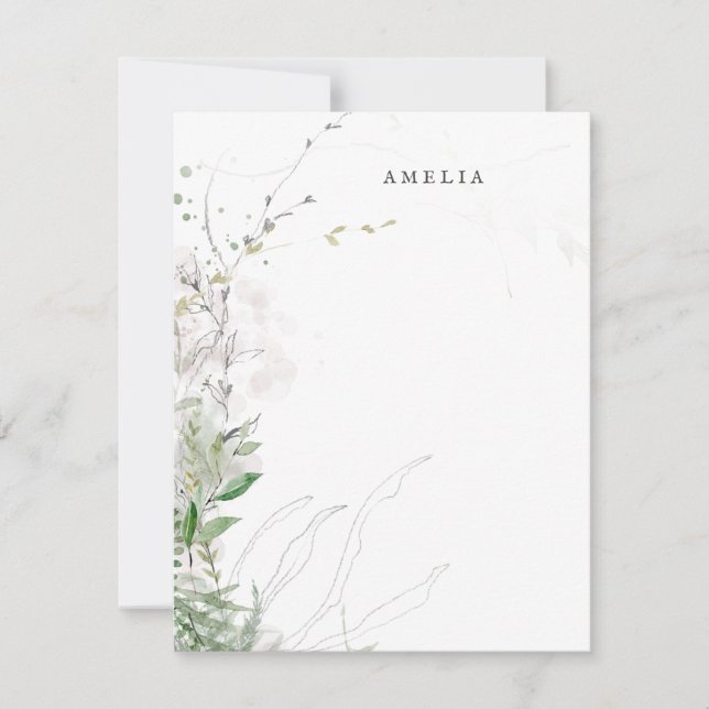 Earthy Greenery Watercolor Personalized Name Note Card (Front)