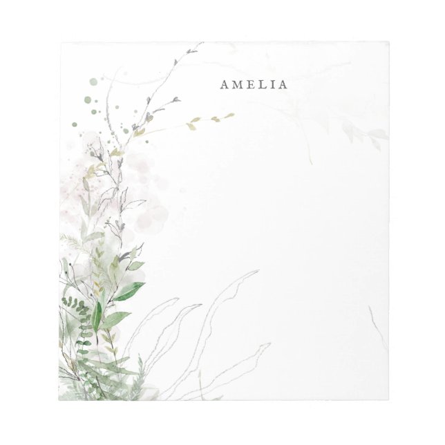 Earthy Greenery Watercolor Personalized Name Notepad (Front)