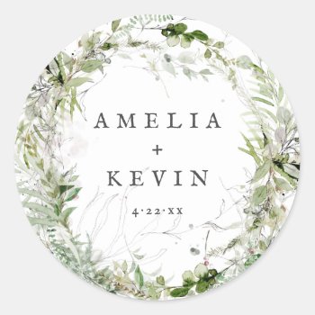 Earthy Greenery Watercolor Personalized Wedding Classic Round Sticker by NBpaperco at Zazzle
