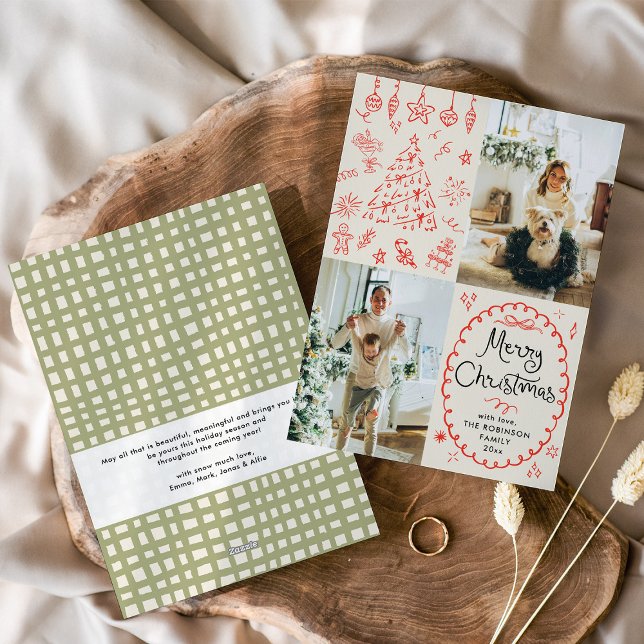 Earthy Hand Drawn Boho Merry Christmas 2 Photo Holiday Card (Creator Uploaded)