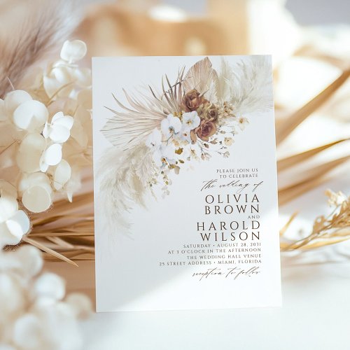 Earthy Hues Flowers Elegant Pampas Grass Wedding Invitation