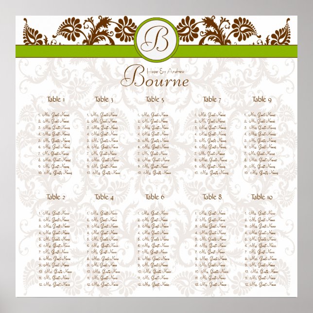 Earthy Hues Victorian Floral Damask Seating Chart (Front)