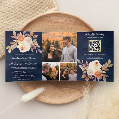 Earthy Ivory Floral Navy Blue QR Code Wedding Tri_Fold Invitation