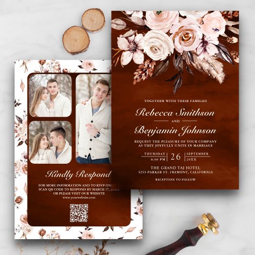 Earthy Ivory Floral QR Code Terracotta Wedding Invitation
