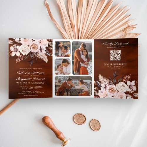 Earthy Ivory Floral QR Code Terracotta Wedding Tri_Fold Invitation