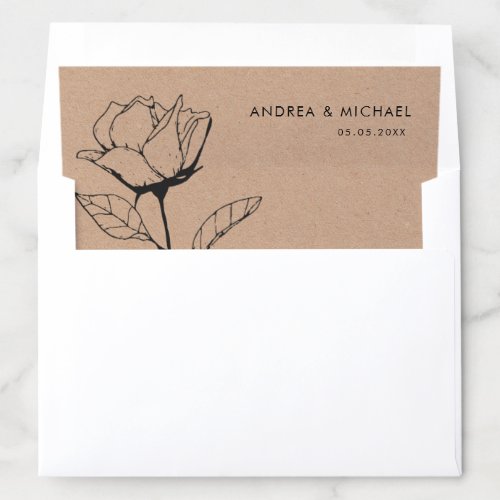 Earthy Kraft Look Drawn Sketch Rose Flower Wedding Envelope Liner