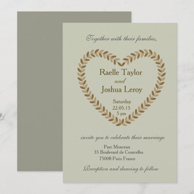 Earthy leaves heart olive fall wedding invitation (Front/Back)